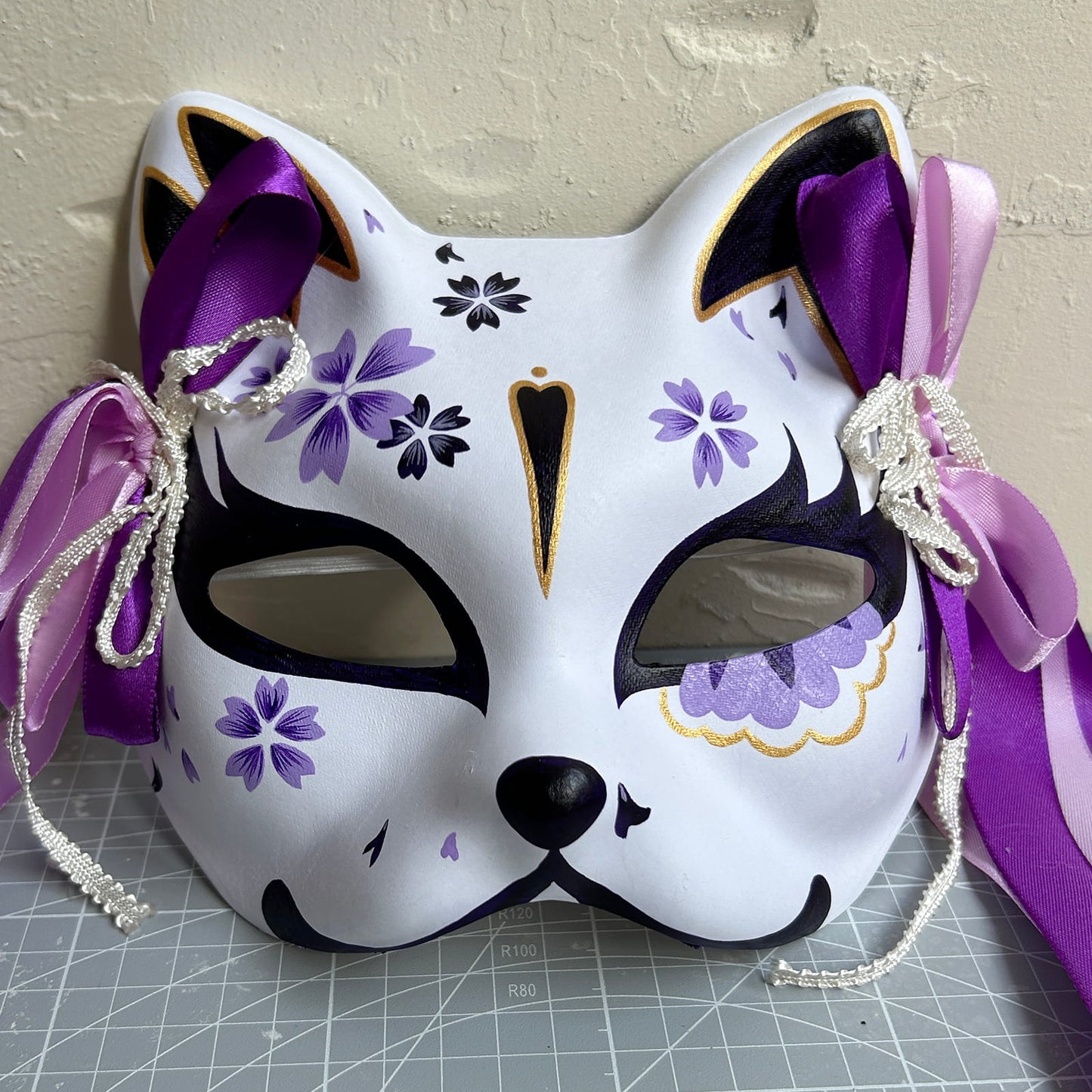 Hand-painted purple sakura cat mask Masquerade  kabuki 06