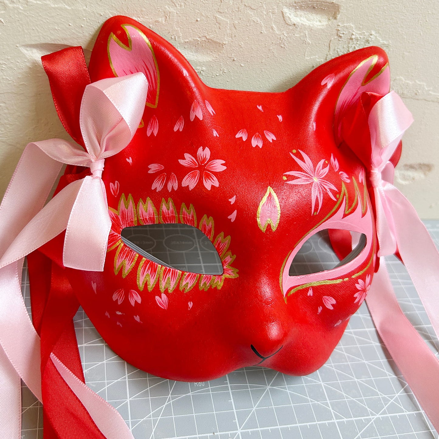 Hand-painted sakura cat mask Kitsune Kabuki 06