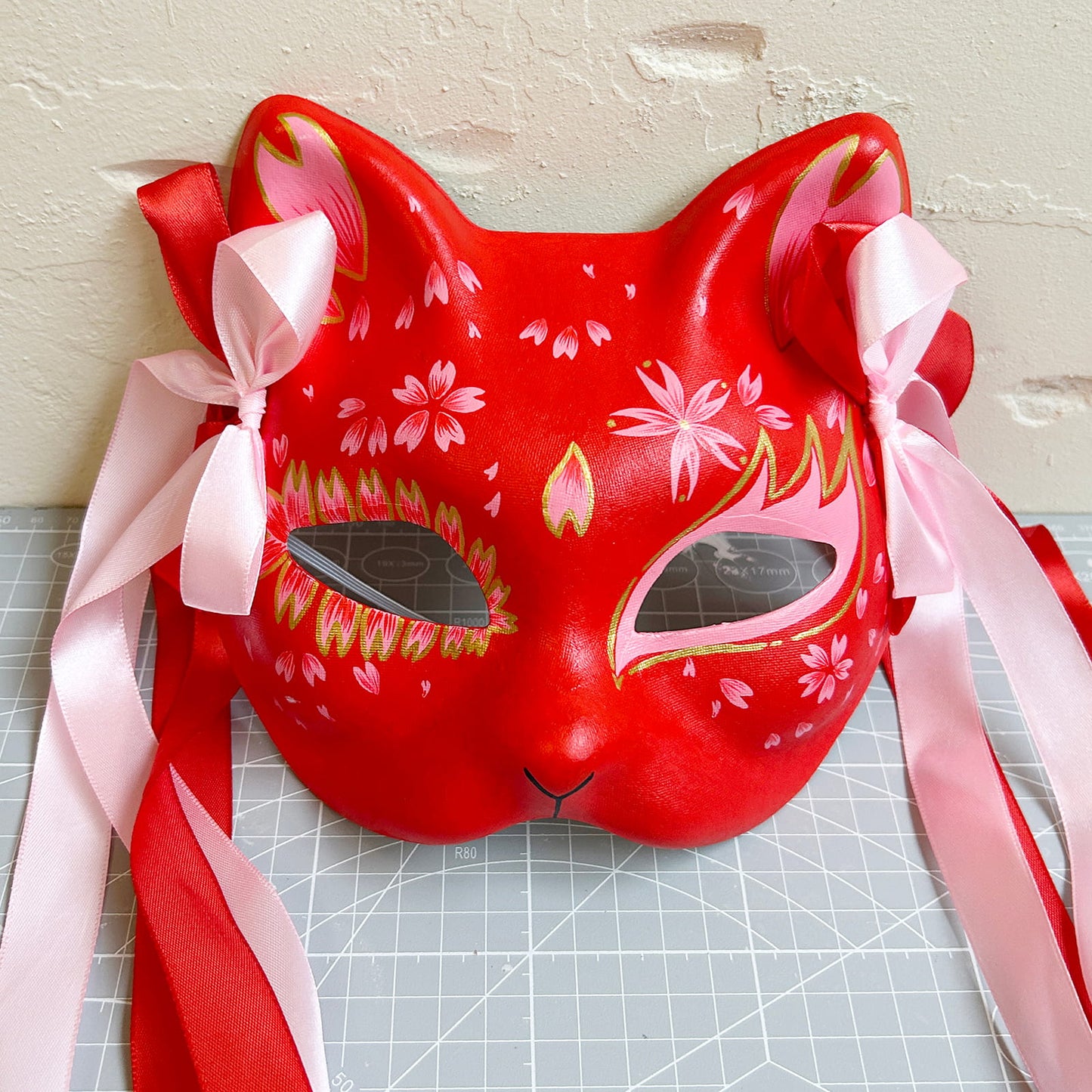 Hand-painted sakura cat mask Kitsune Kabuki 06