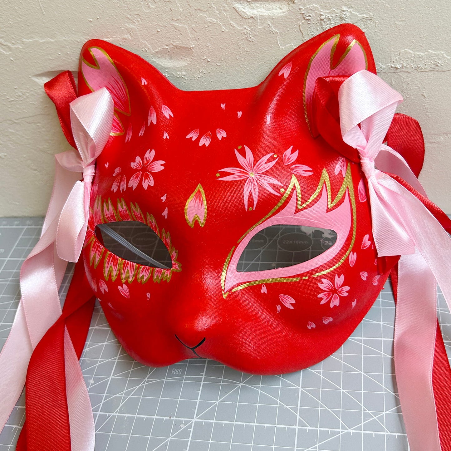Hand-painted sakura cat mask Kitsune Kabuki 06