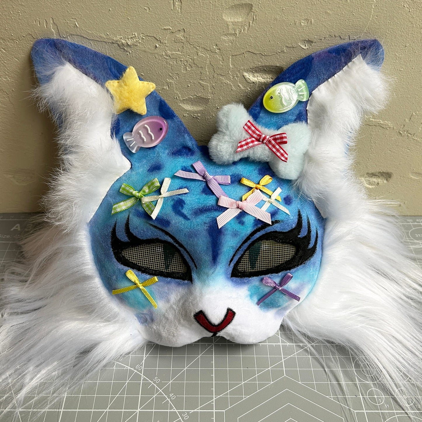 Handmade Therain fish cat mask a blue cat with fish 01