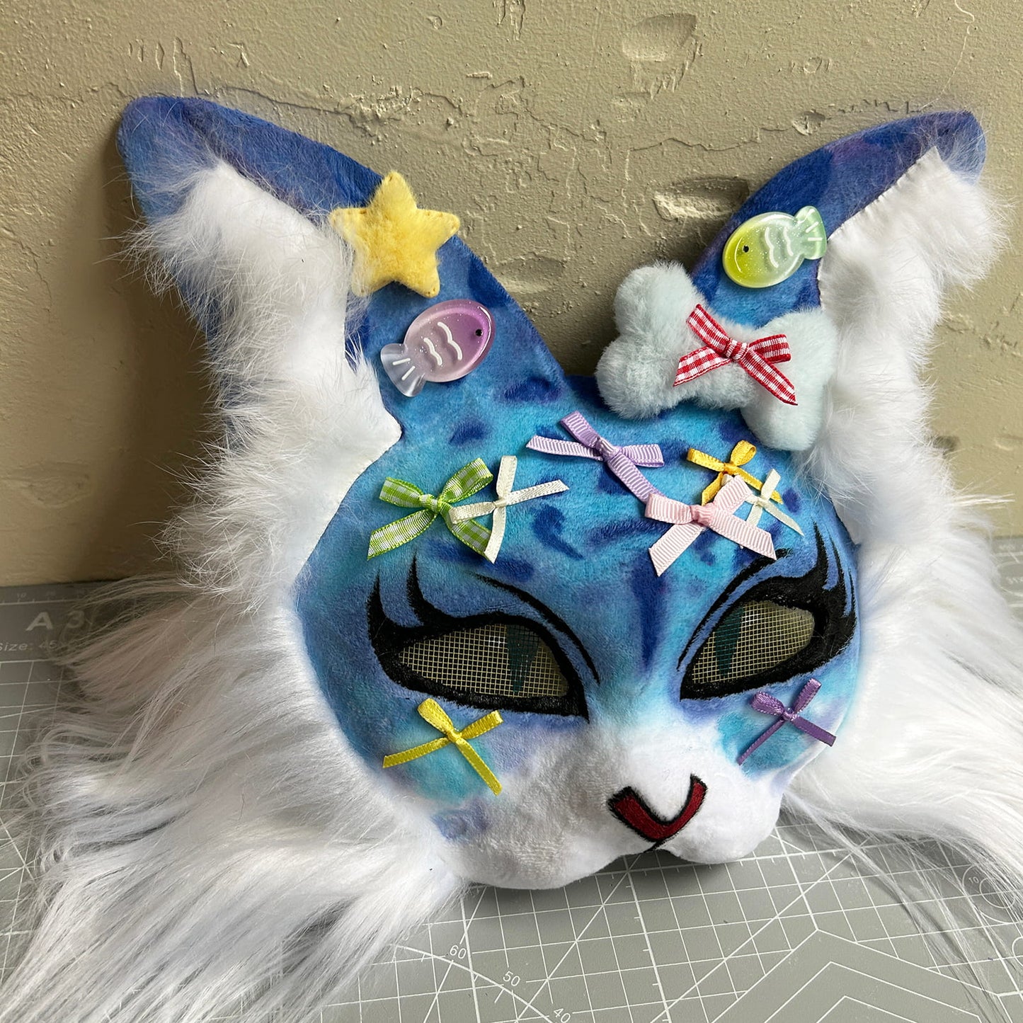 Handmade Therain fish cat mask a blue cat with fish 01