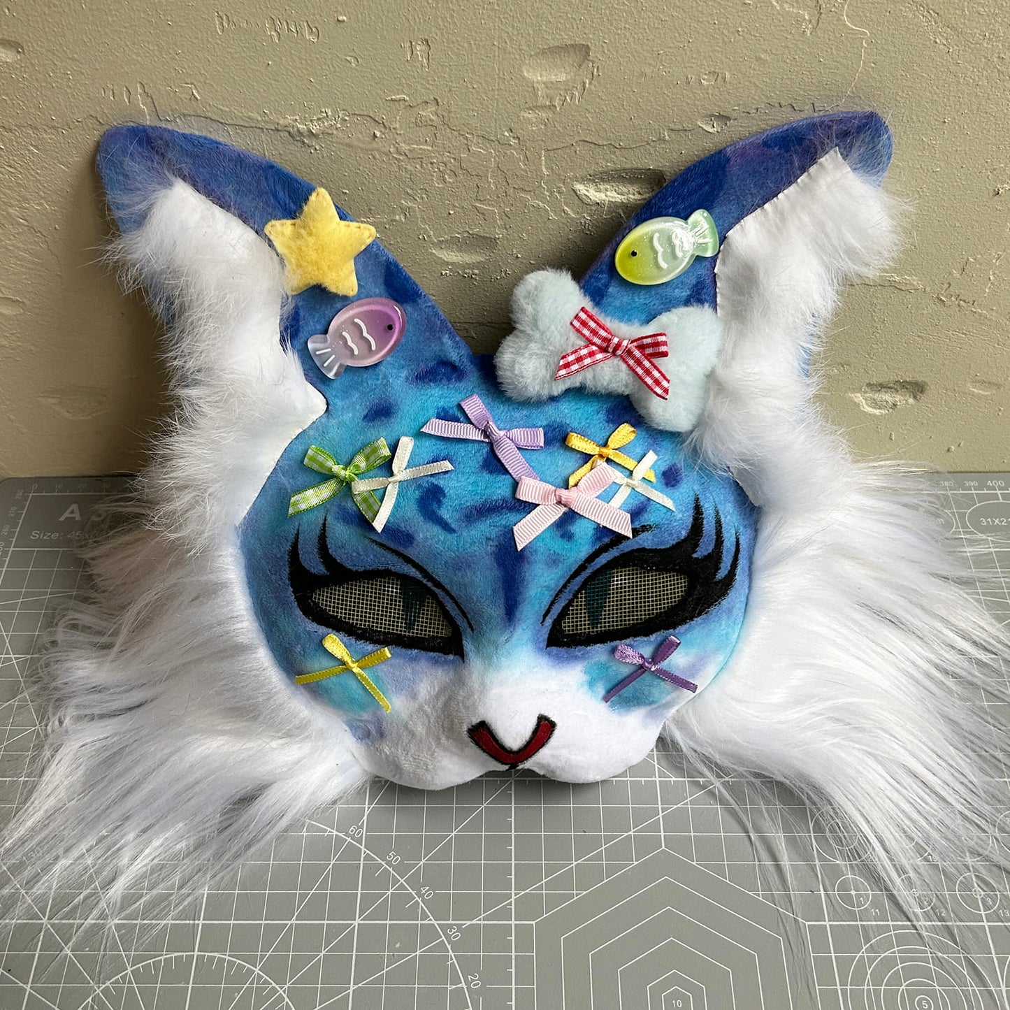 Handmade Therain fish cat mask a blue cat with fish 01