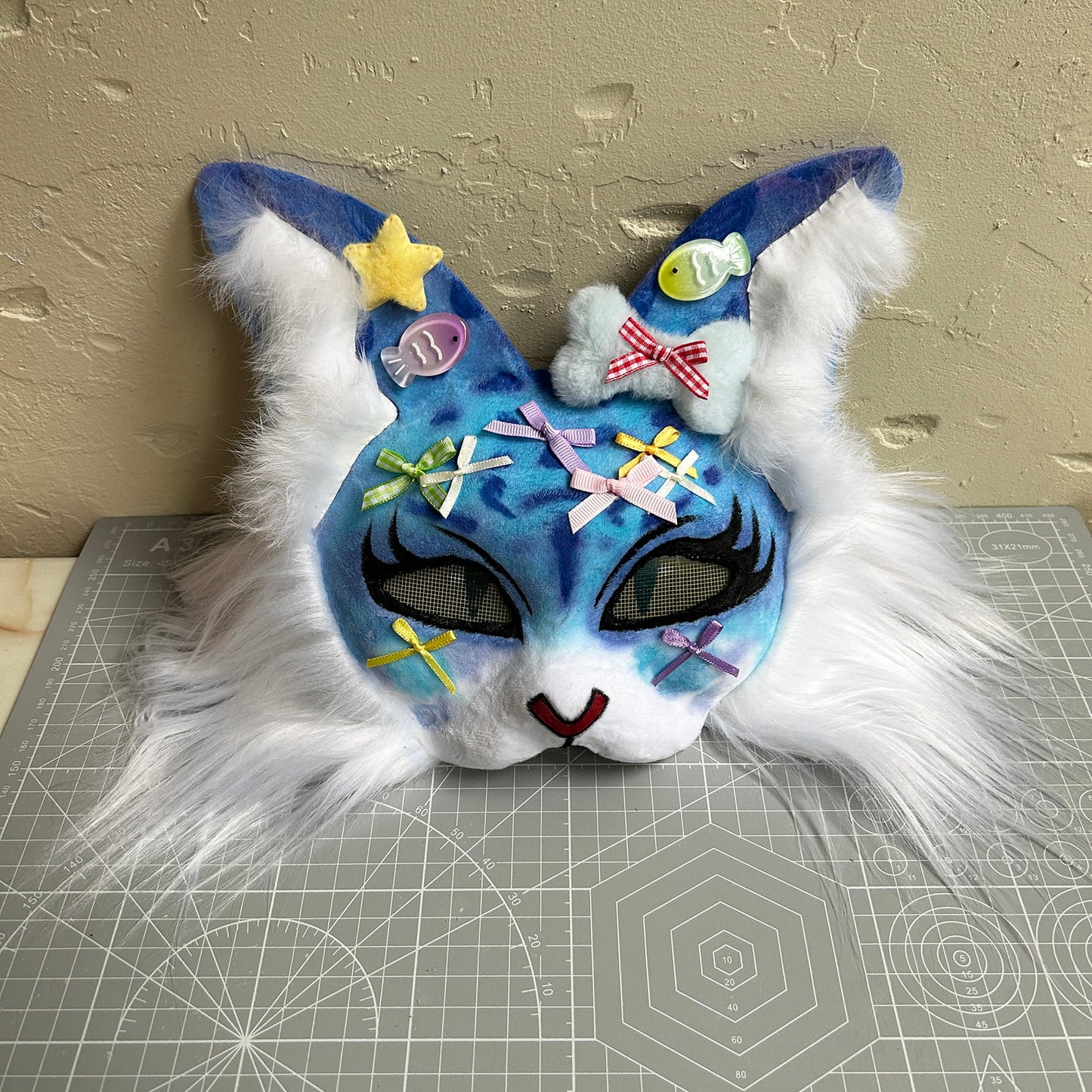 Handmade Therain fish cat mask a blue cat with fish 01