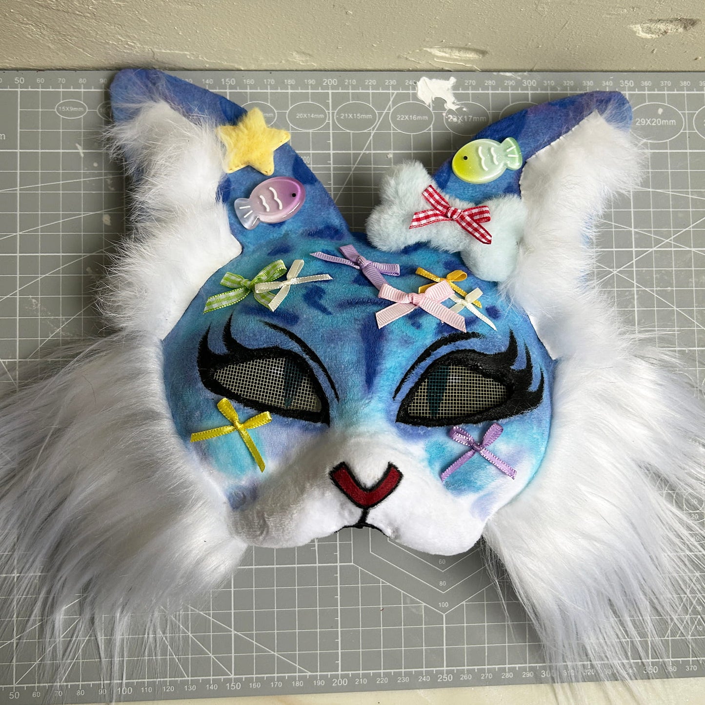Handmade Therain fish cat mask a blue cat with fish 01