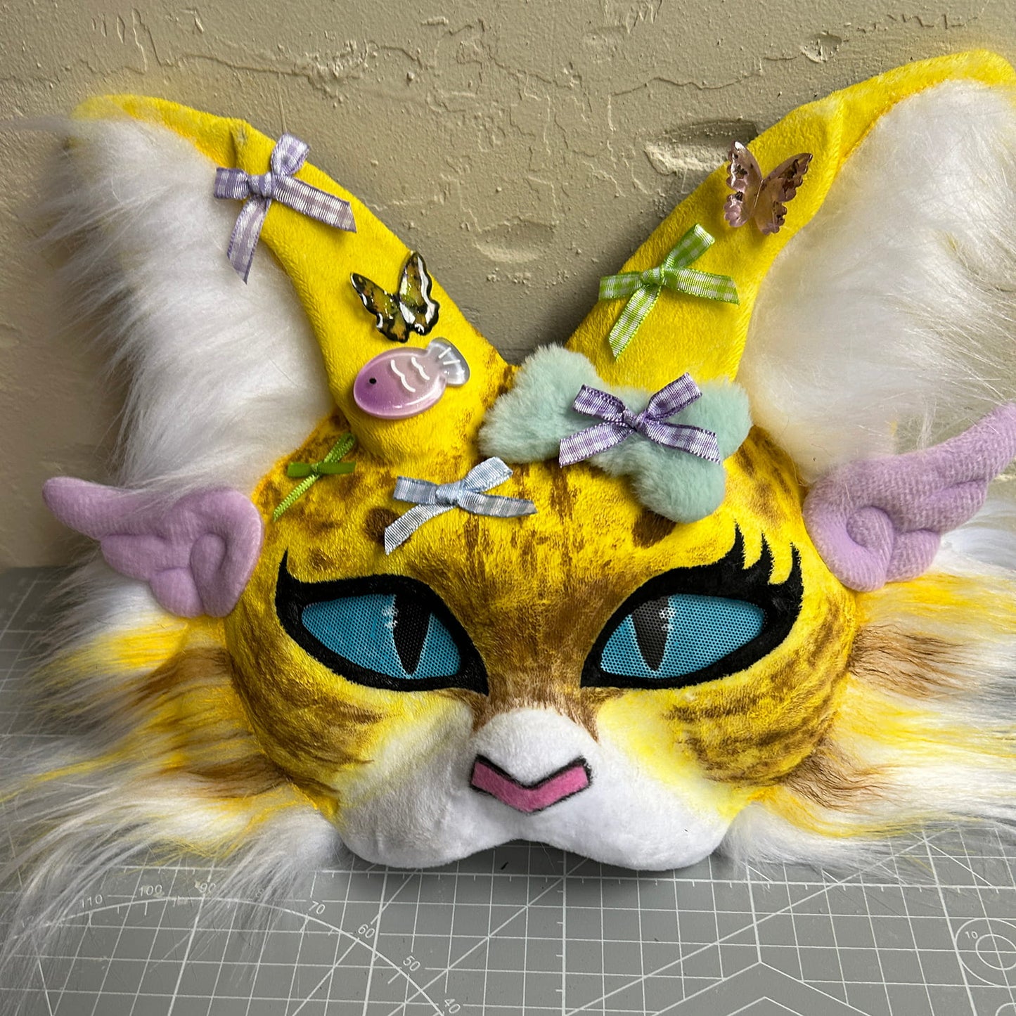Handmade Therain fish cat mask a yellow cat with wings 01