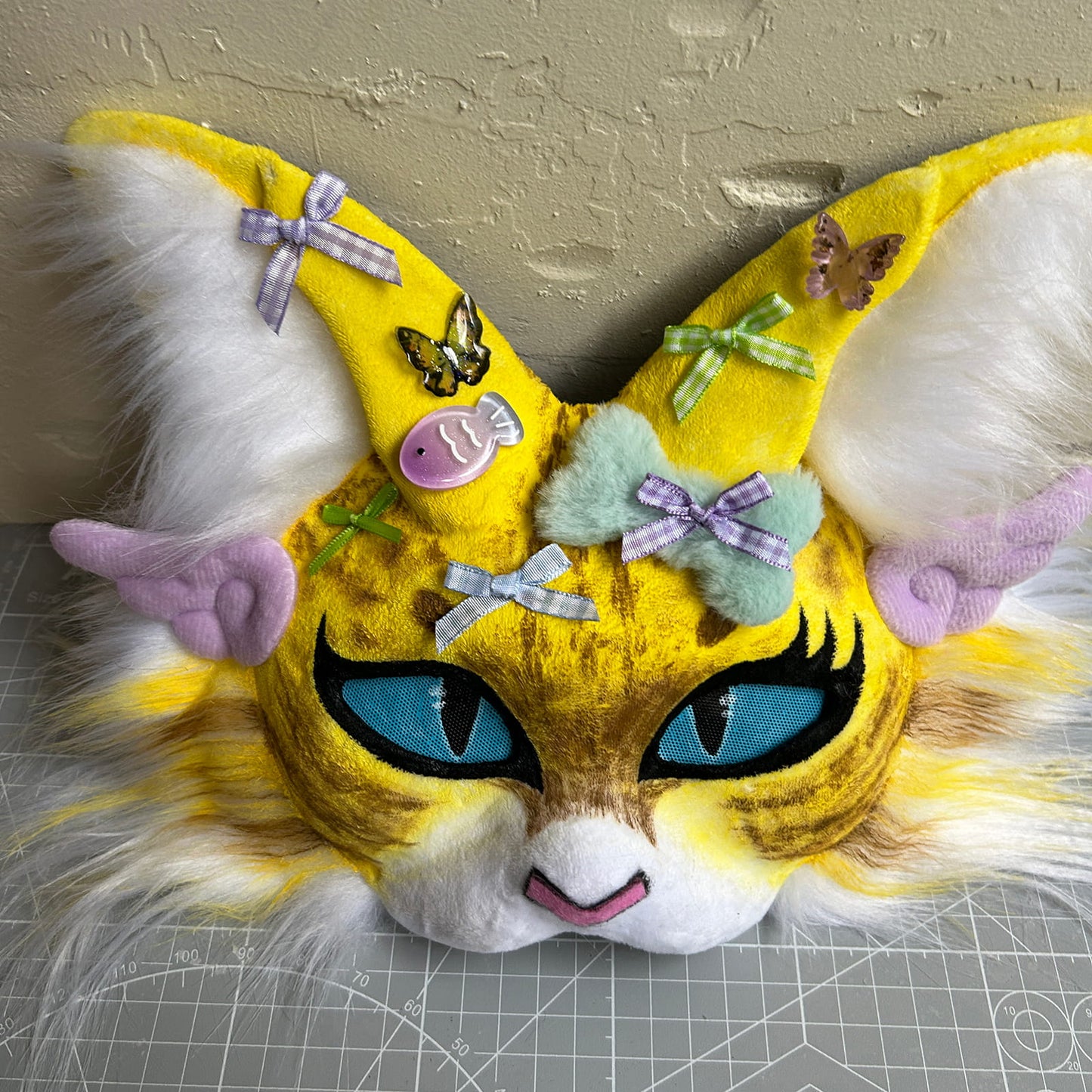 Handmade Therain fish cat mask a yellow cat with wings 01