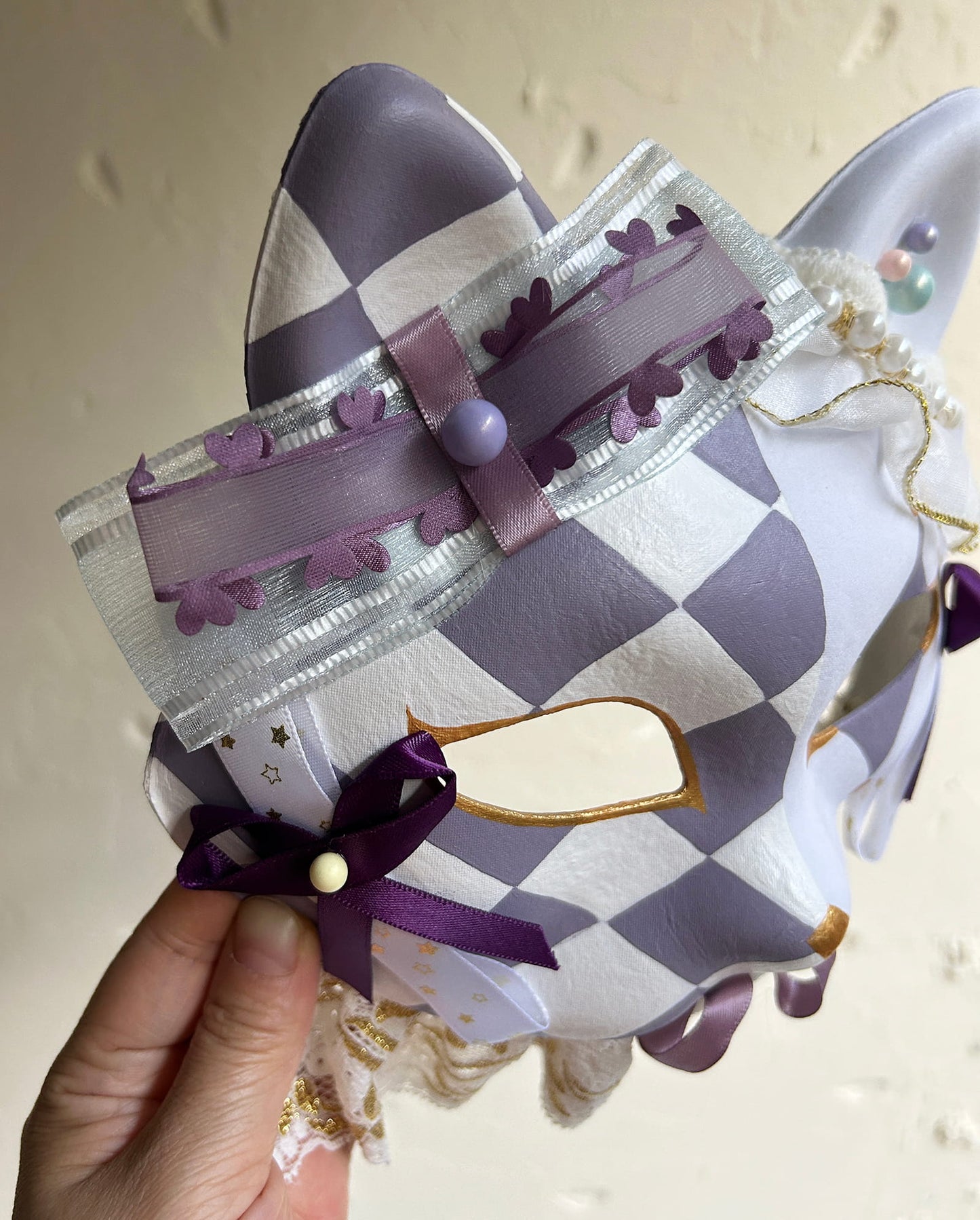Original design handmade Checkered cat mask Masquerade  kabuki 01