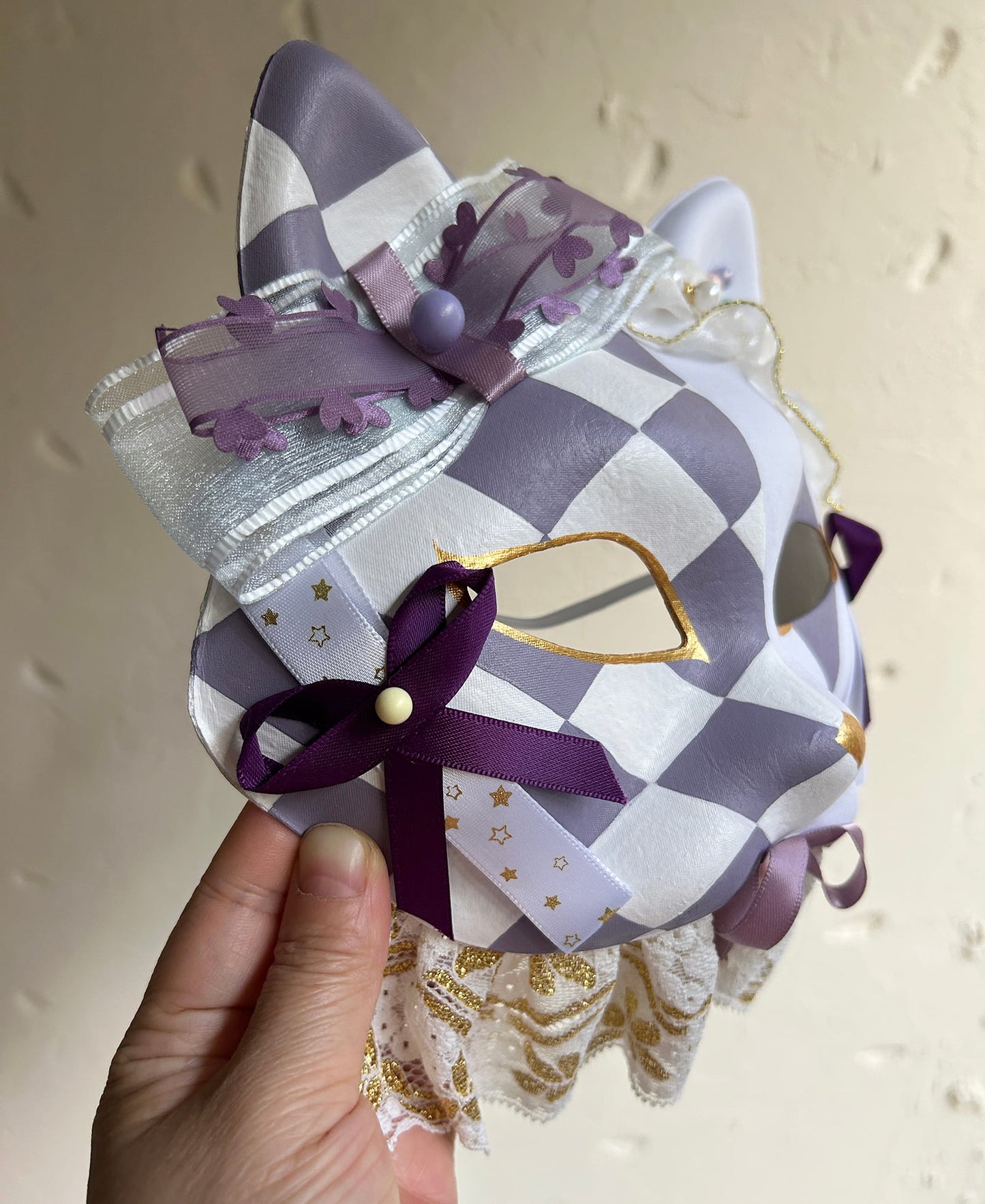 Original design handmade Checkered cat mask Masquerade  kabuki 01