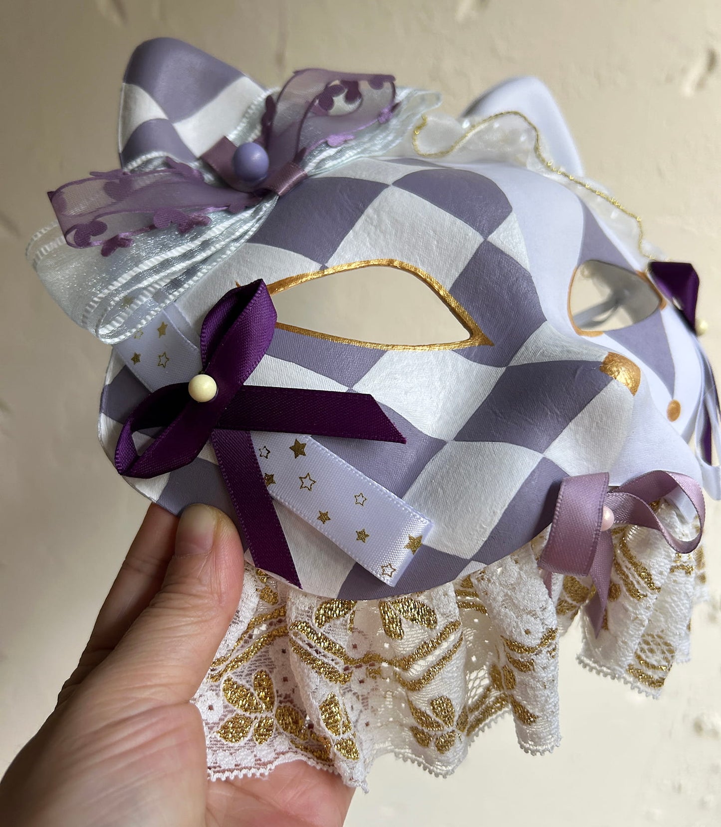 Original design handmade Checkered cat mask Masquerade  kabuki 01