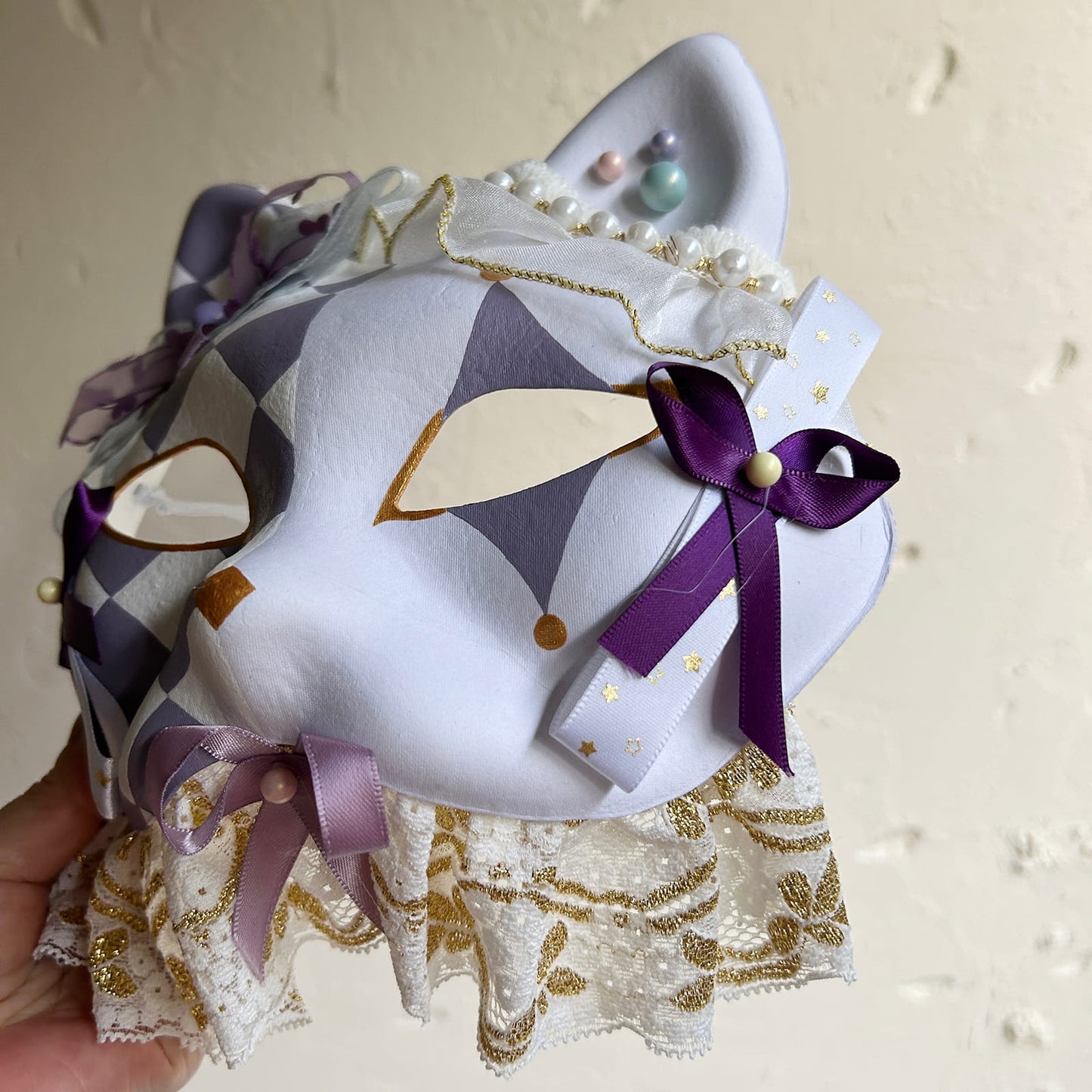 Original design handmade Checkered cat mask Masquerade  kabuki 01