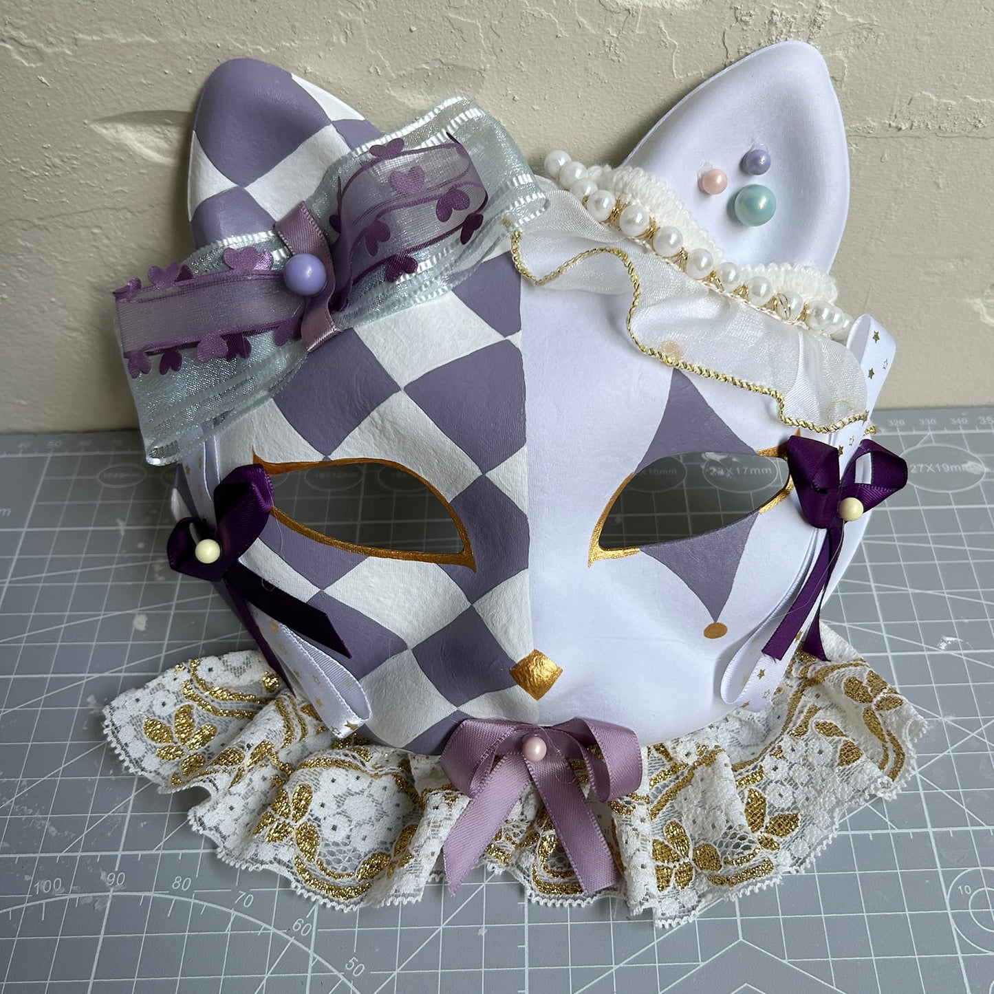 Original design handmade Checkered cat mask Masquerade  kabuki 01