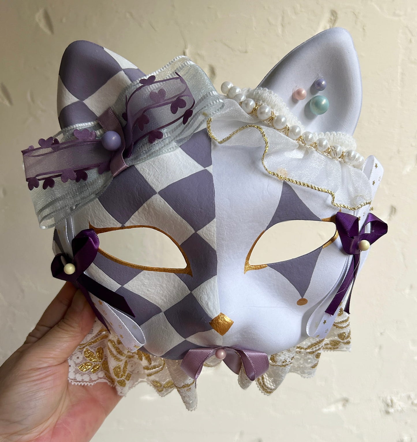 Original design handmade Checkered cat mask Masquerade  kabuki 01