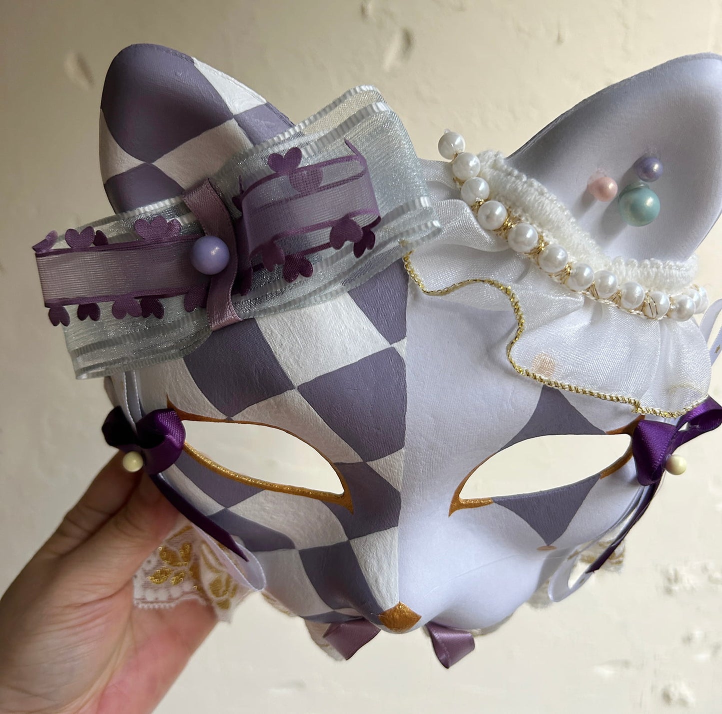 Original design handmade Checkered cat mask Masquerade  kabuki 01