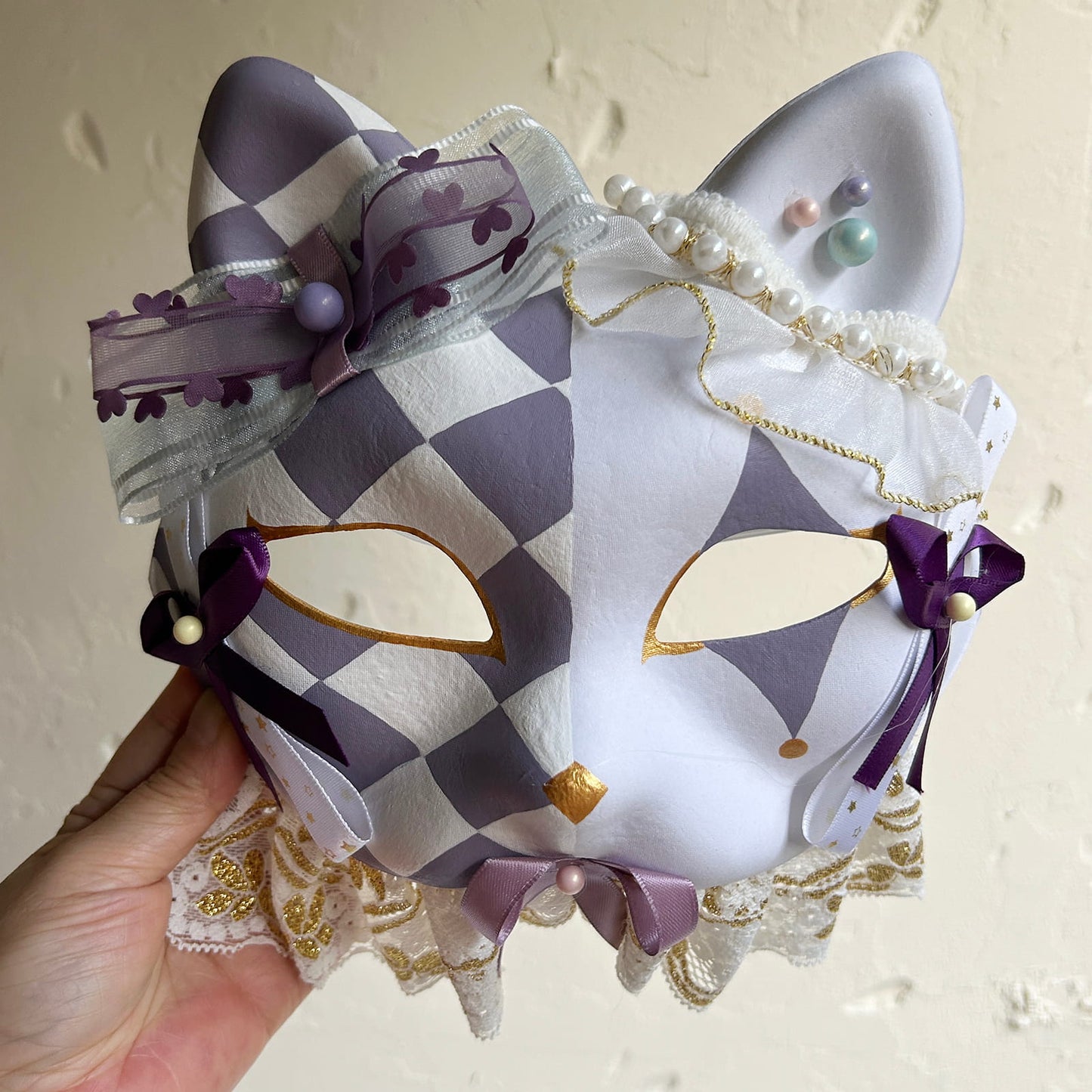 Original design handmade Checkered cat mask Masquerade  kabuki 01