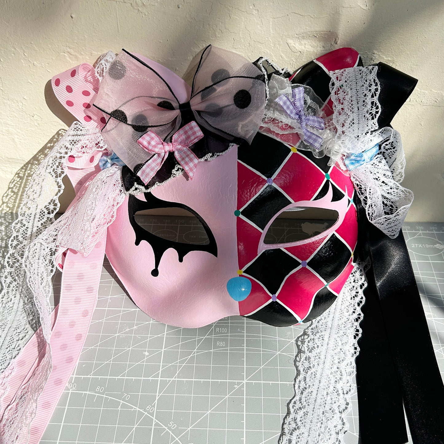 Original design handmade  Colorful Check cat mask  kabuki 01