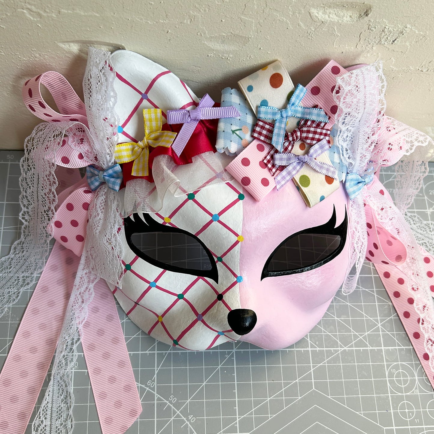Original design handmade  Colorful Check cat mask  kabuki 02