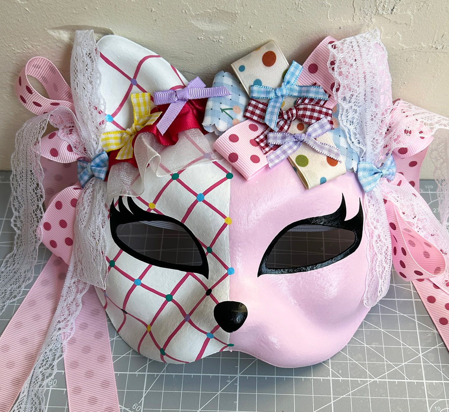 Original design handmade  Colorful Check cat mask  kabuki 02