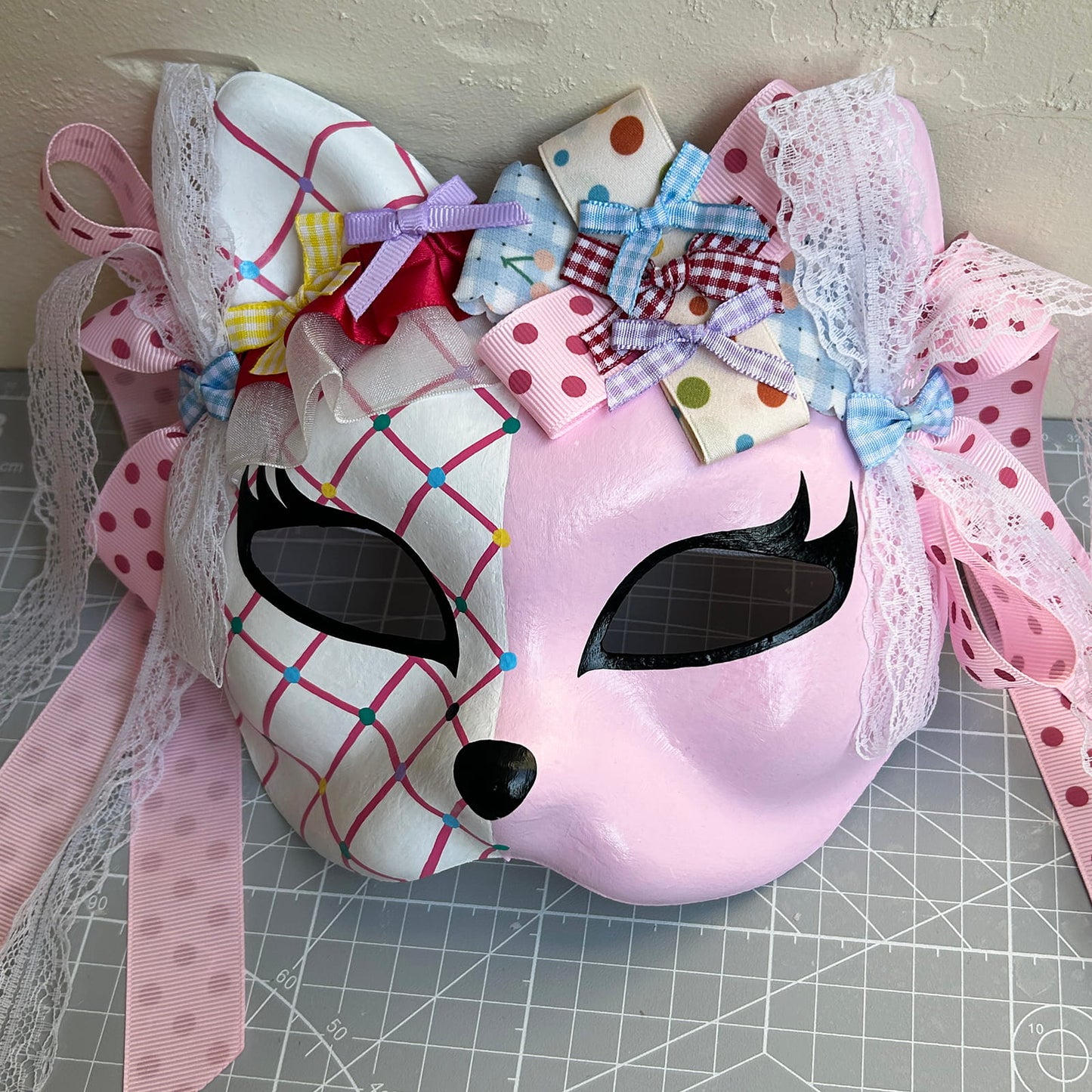 Original design handmade  Colorful Check cat mask  kabuki 02