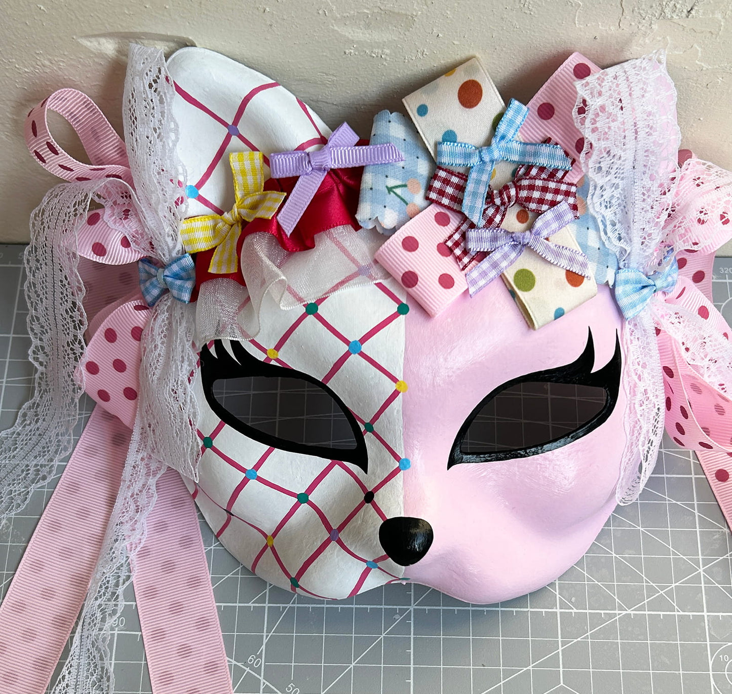 Original design handmade  Colorful Check cat mask  kabuki 02