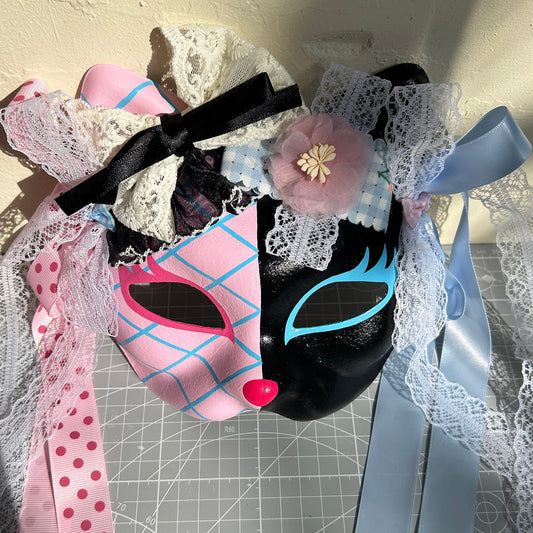 Original design handmade  Pink Check cat mask  kabuki 01