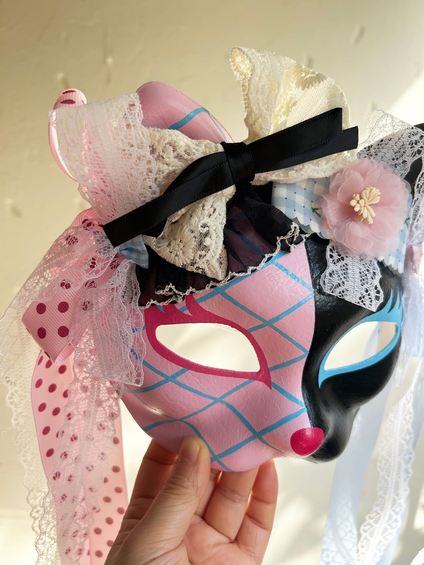 Original design handmade  Pink Check cat mask  kabuki 01