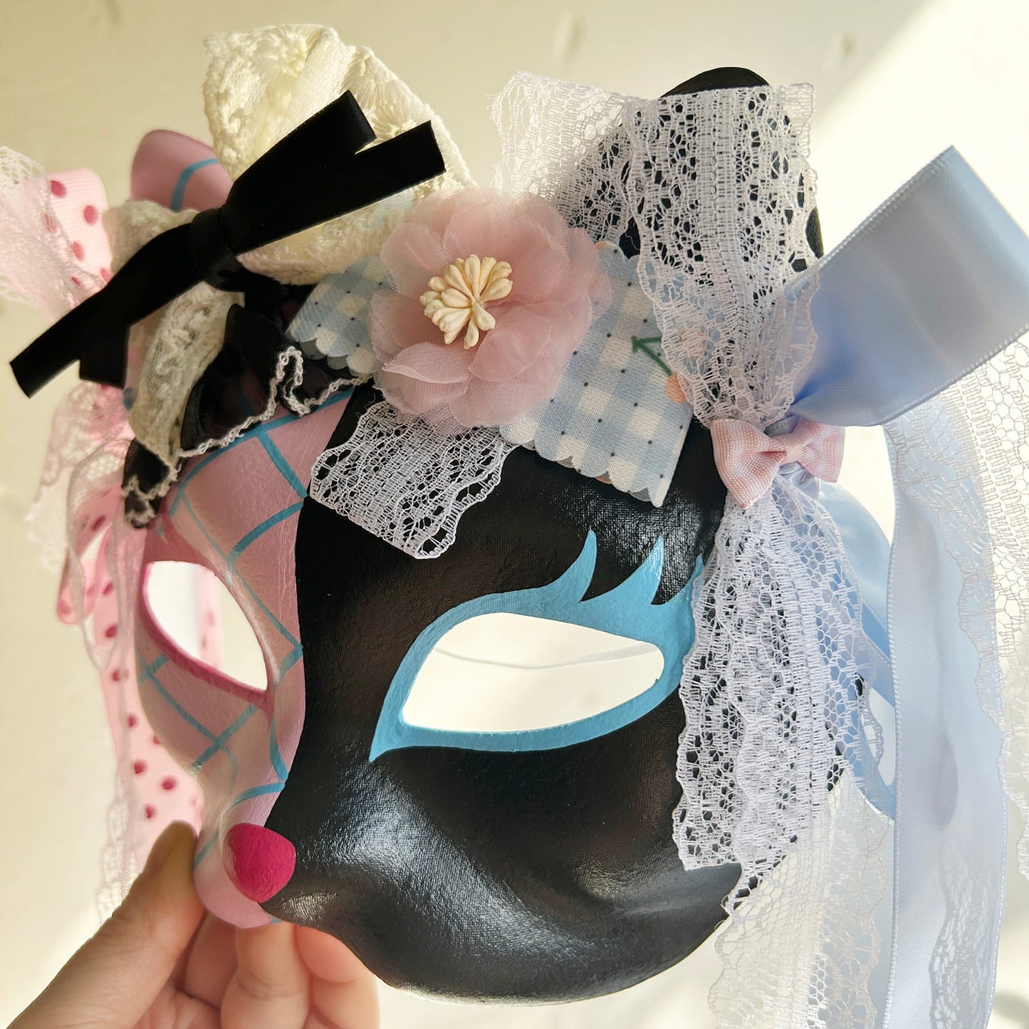 Original design handmade  Pink Check cat mask  kabuki 01