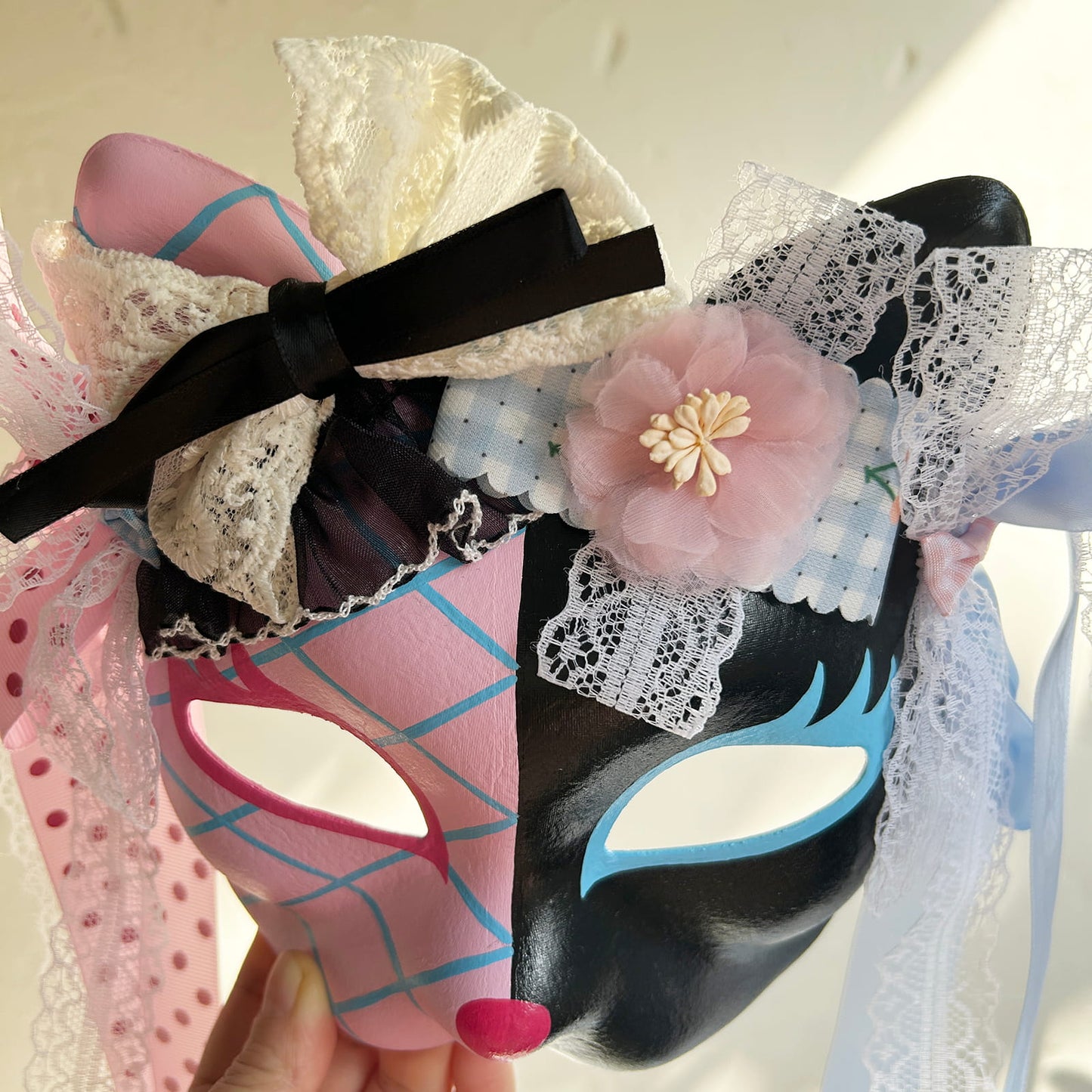 Original design handmade  Pink Check cat mask  kabuki 01