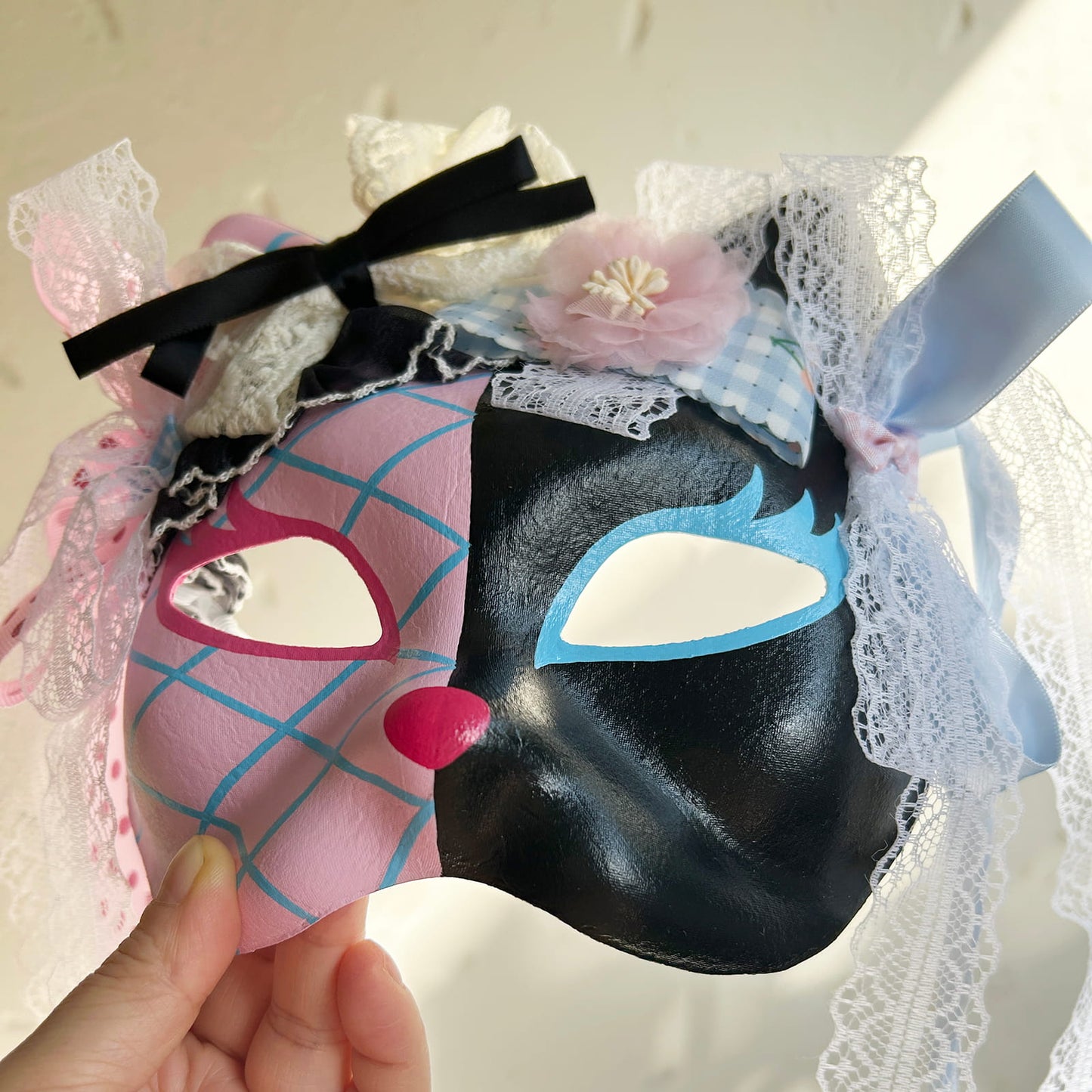 Original design handmade  Pink Check cat mask  kabuki 01