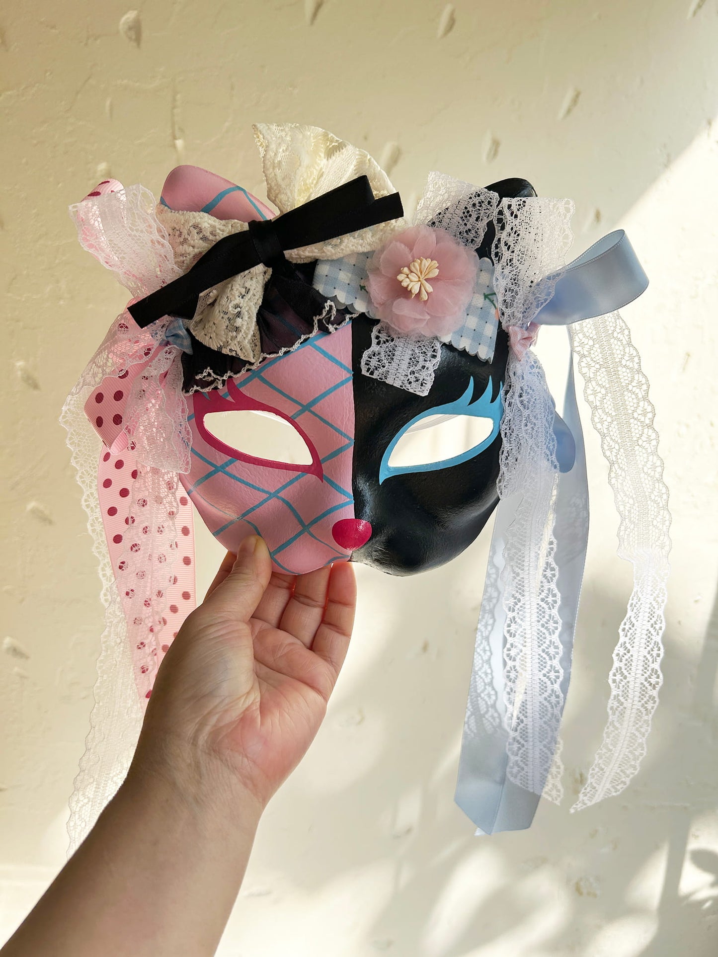 Original design handmade  Pink Check cat mask  kabuki 01