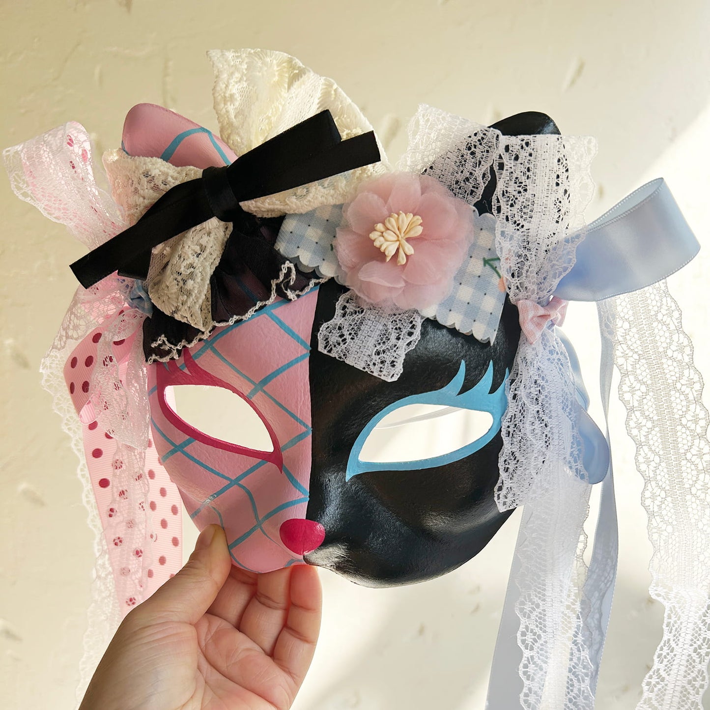 Original design handmade  Pink Check cat mask  kabuki 01