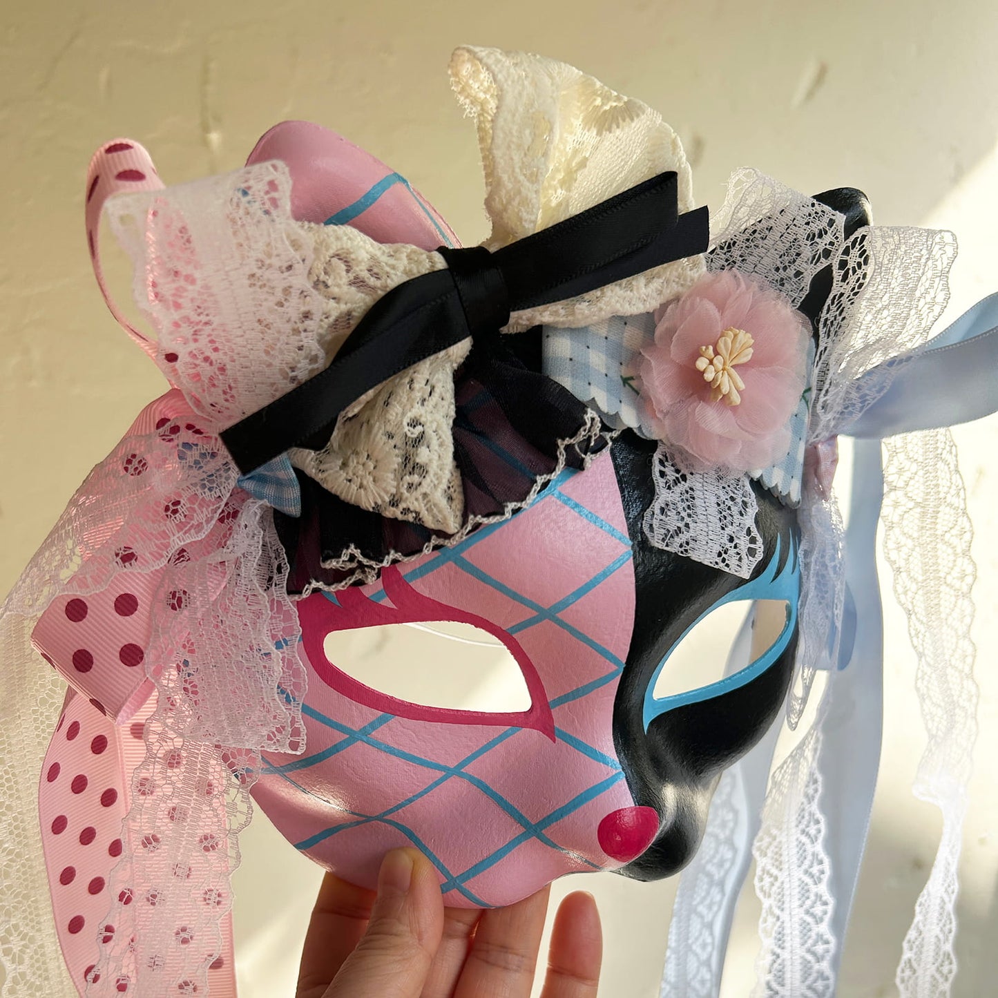 Original design handmade  Pink Check cat mask  kabuki 01