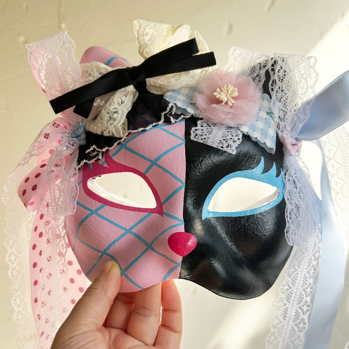 Original design handmade  Pink Check cat mask  kabuki 01