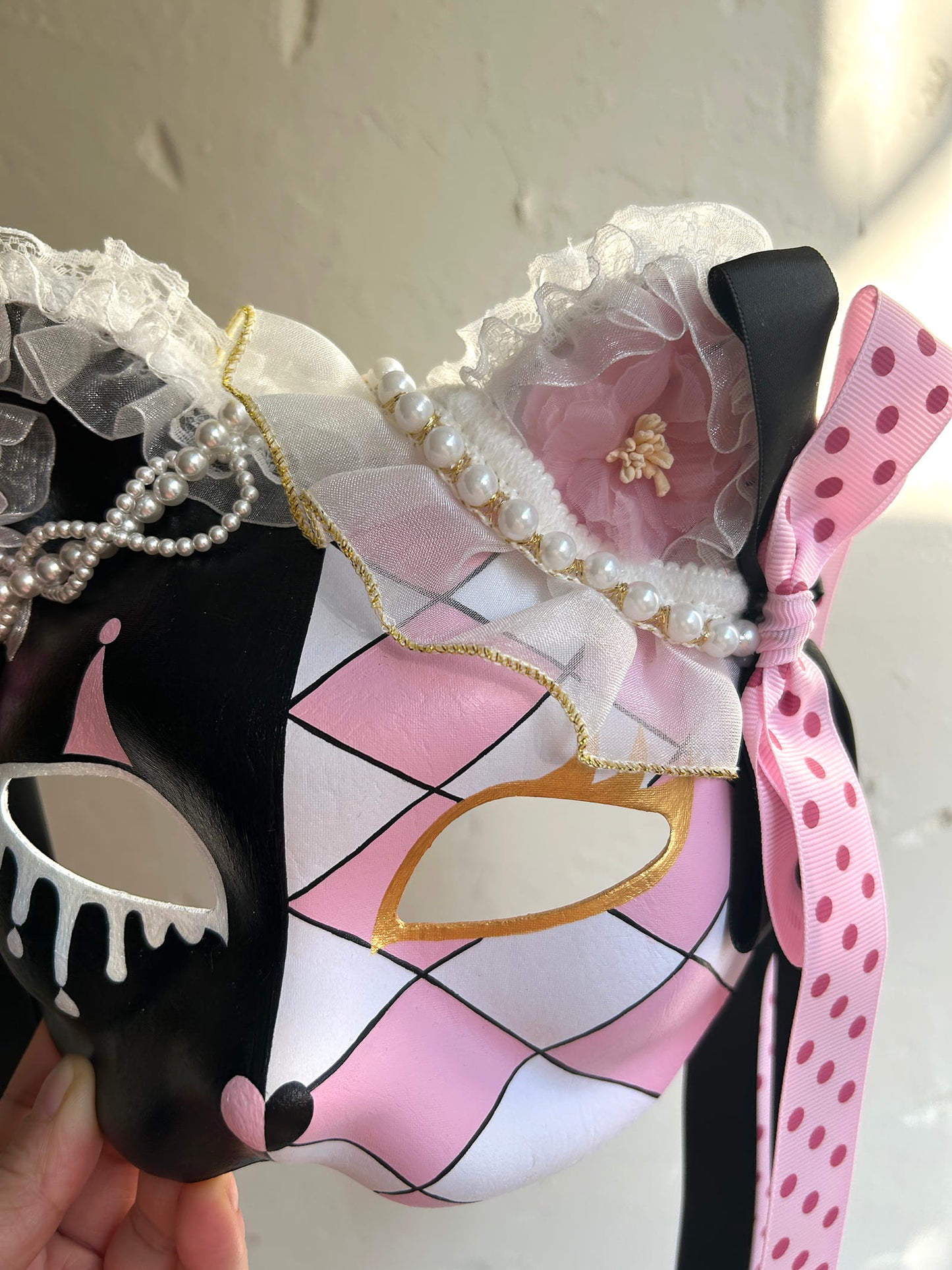 Original design handmade  Pink Check cat mask  kabuki 02