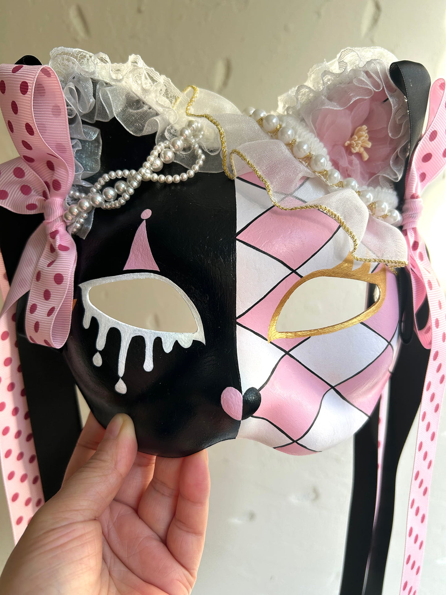 Original design handmade  Pink Check cat mask  kabuki 02