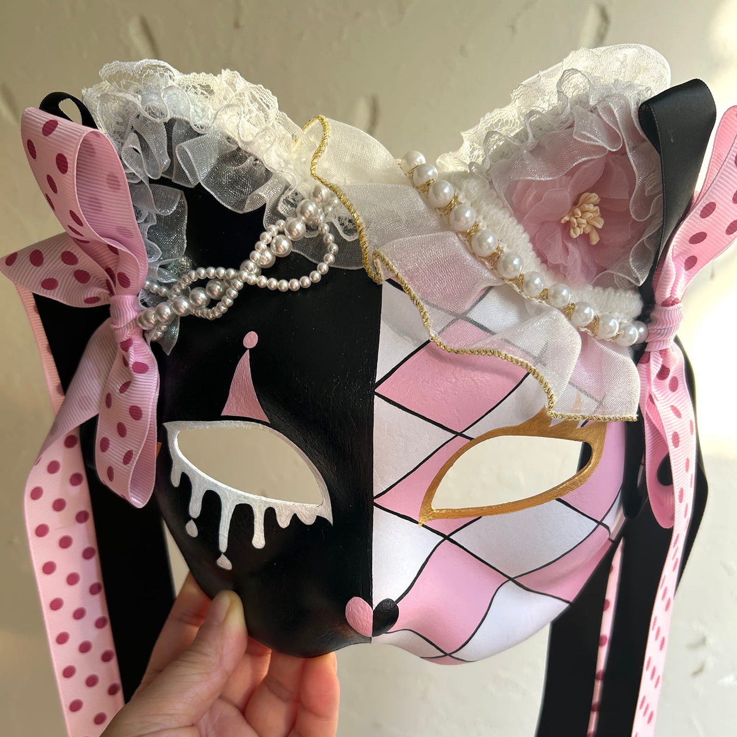 Original design handmade  Pink Check cat mask  kabuki 02