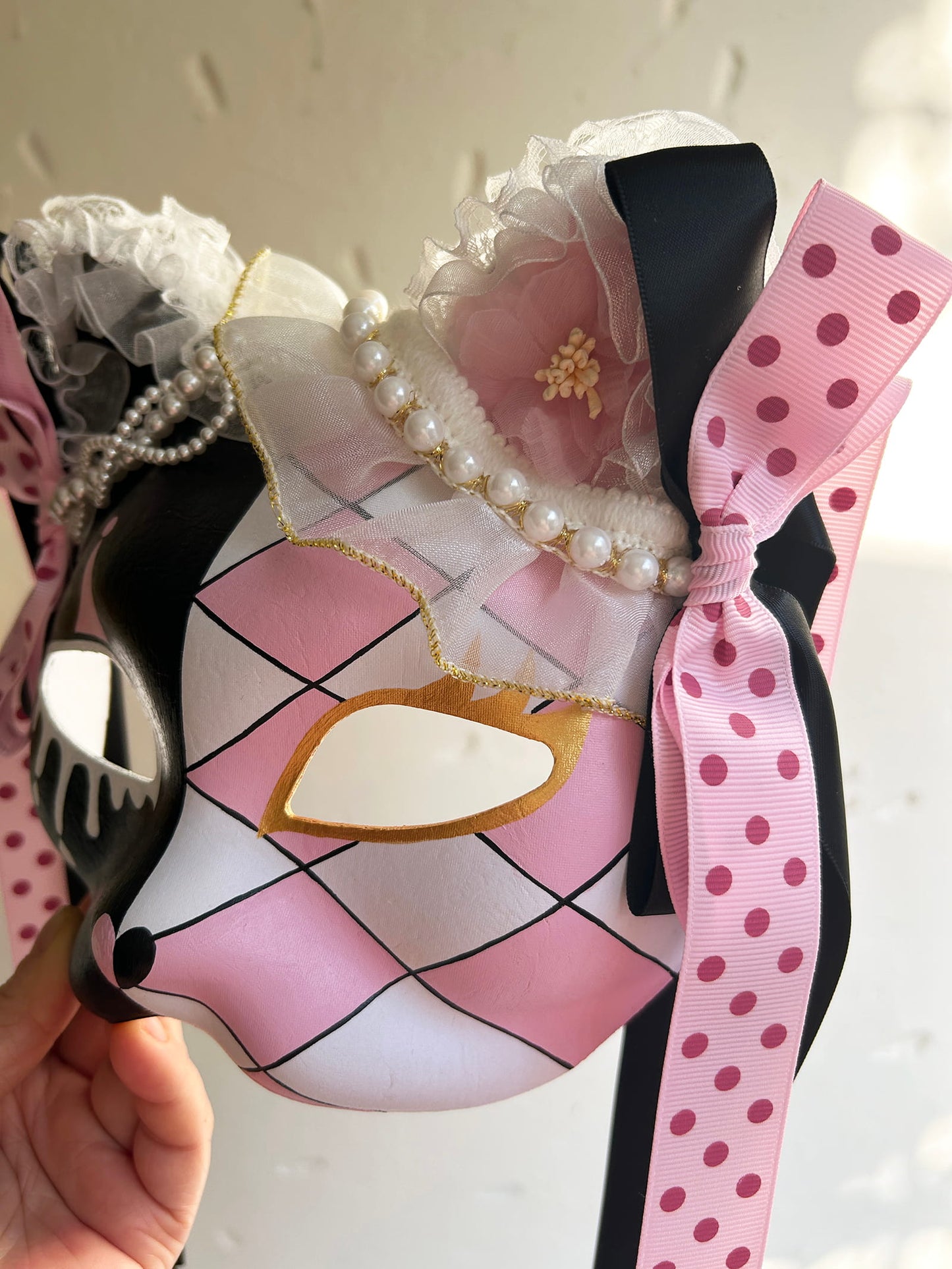 Original design handmade  Pink Check cat mask  kabuki 02