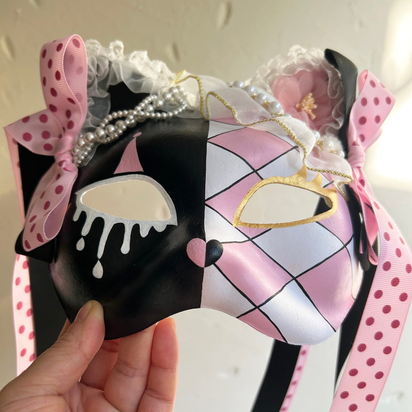 Original design handmade  Pink Check cat mask  kabuki 02