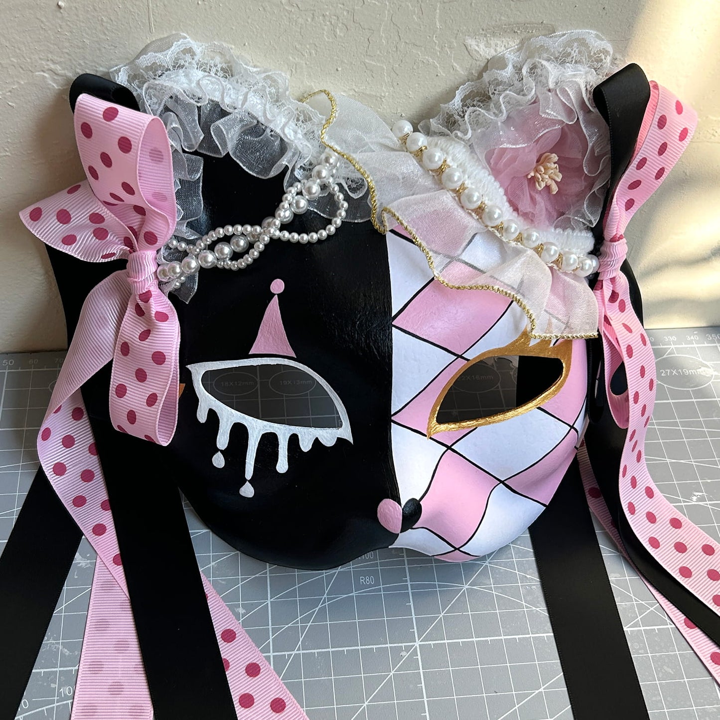 Original design handmade  Pink Check cat mask  kabuki 02