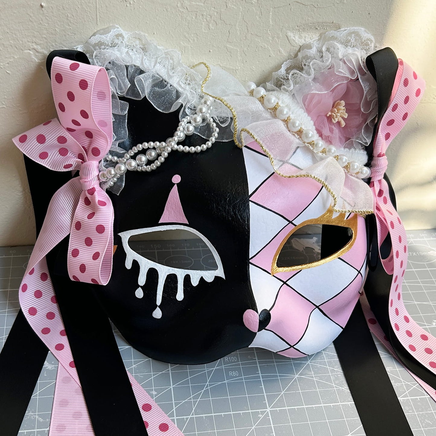 Original design handmade  Pink Check cat mask  kabuki 02