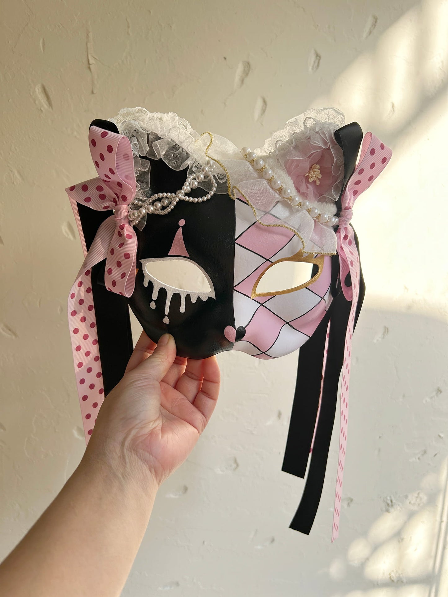 Original design handmade  Pink Check cat mask  kabuki 02