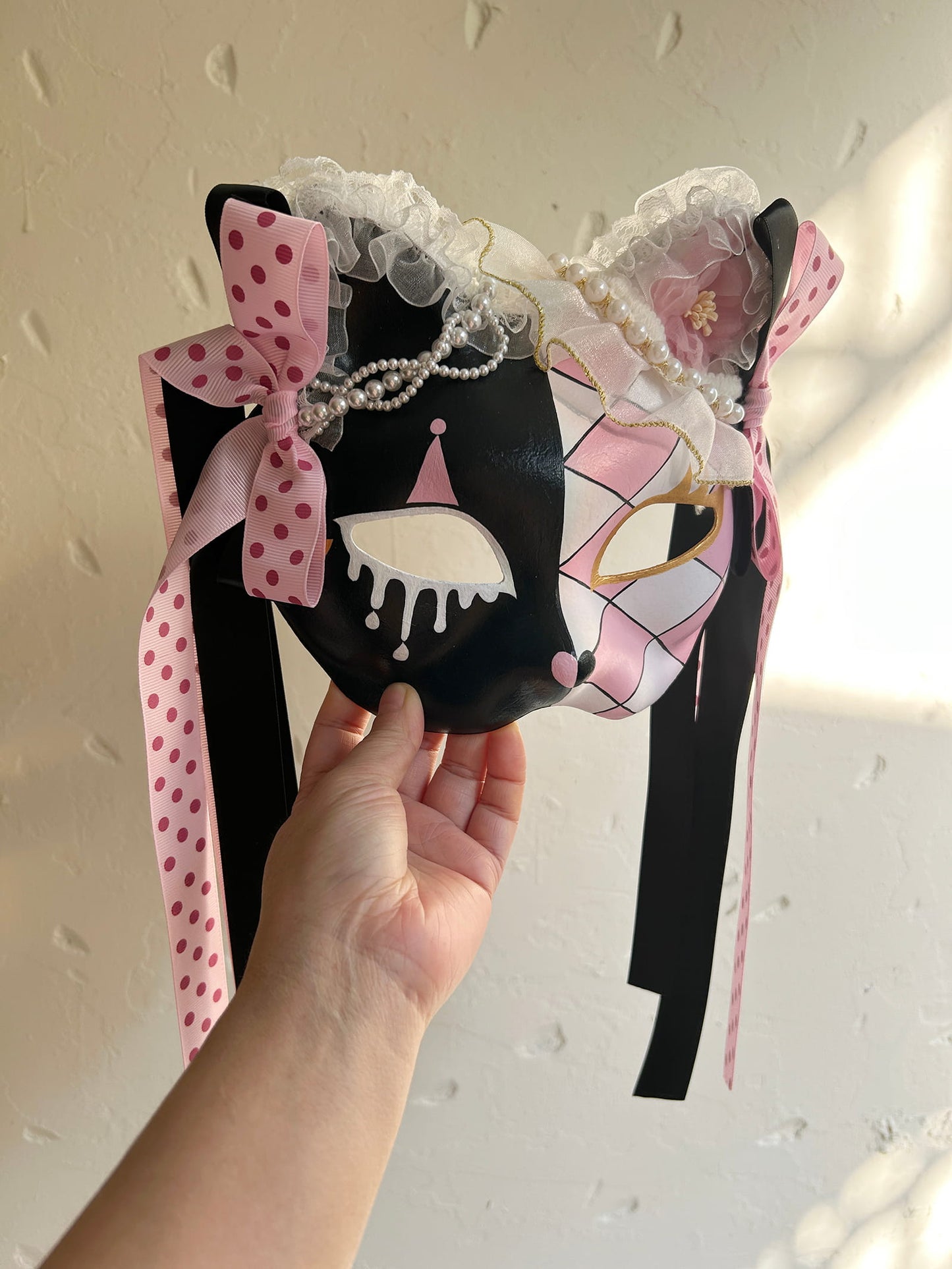 Original design handmade  Pink Check cat mask  kabuki 02
