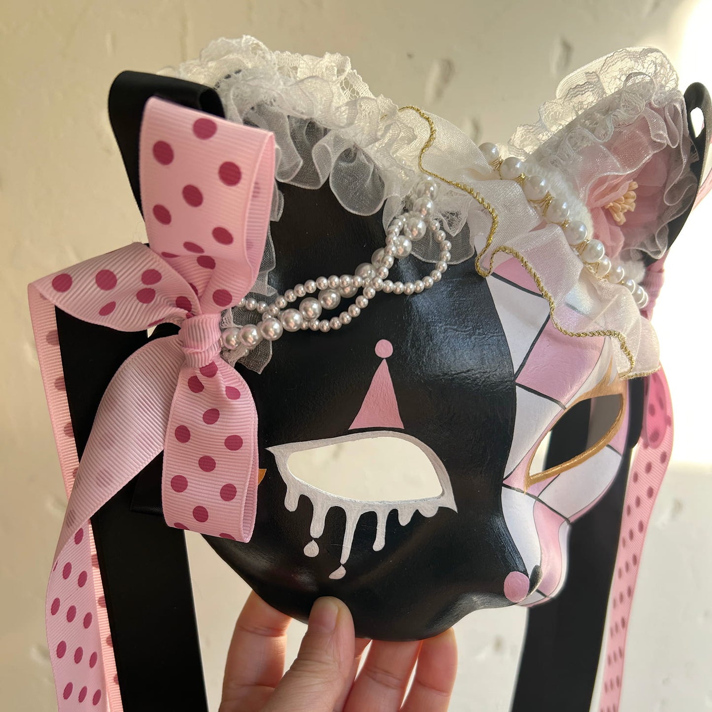 Original design handmade  Pink Check cat mask  kabuki 02