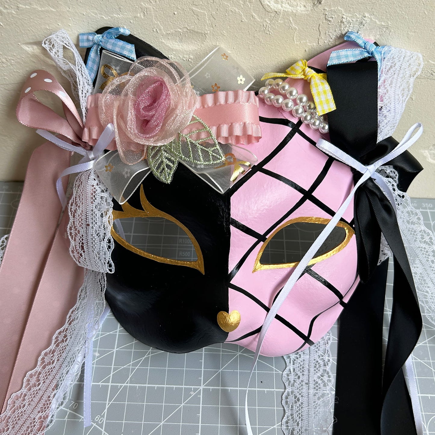 Original design handmade  Pink Check cat mask  kabuki 04