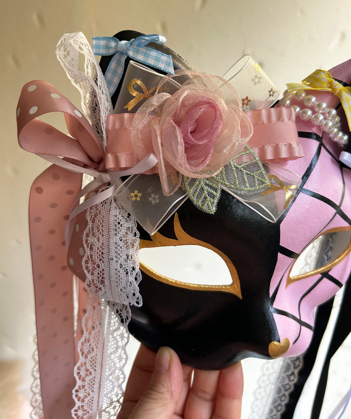 Original design handmade  Pink Check cat mask  kabuki 04