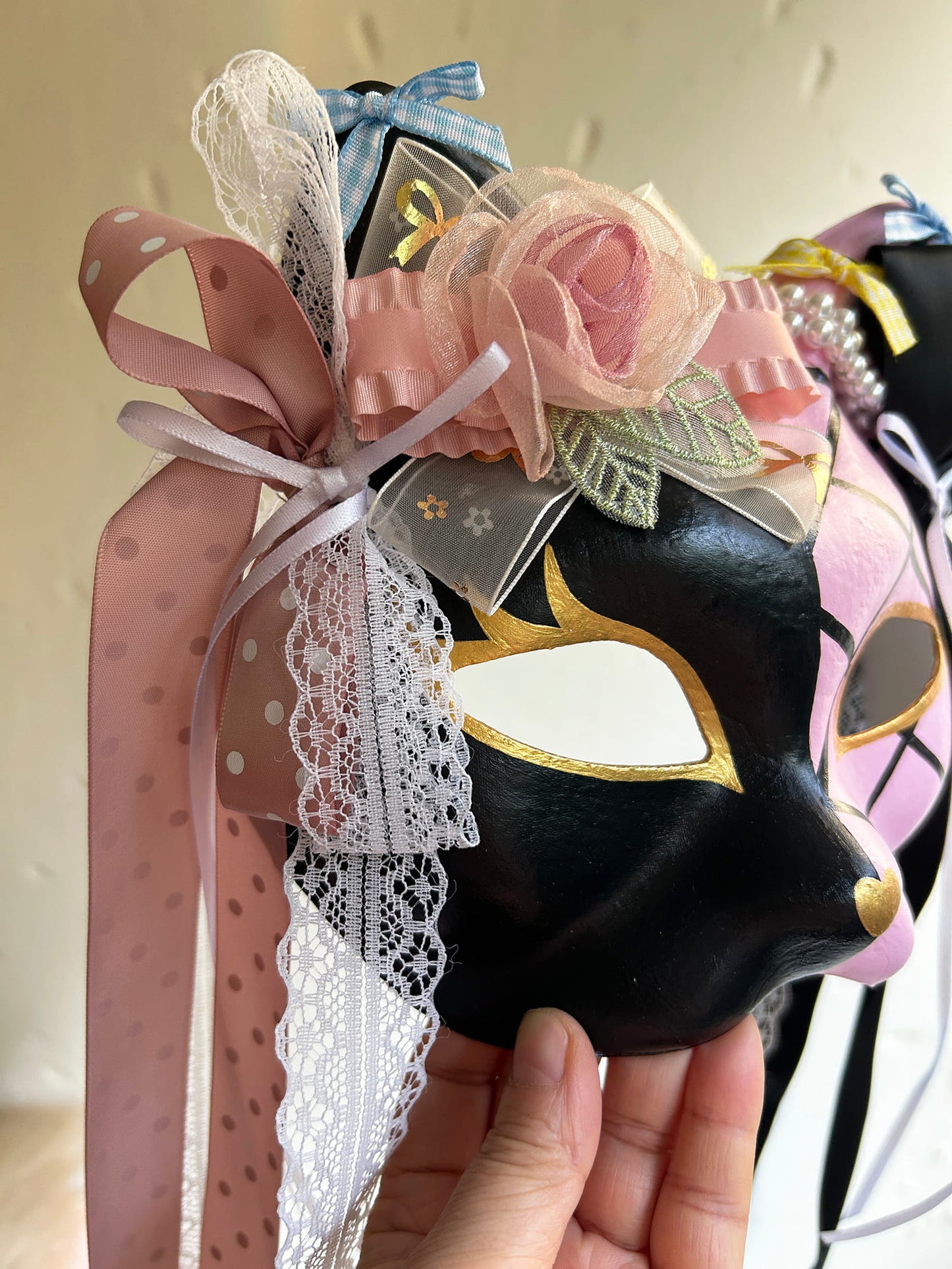 Original design handmade  Pink Check cat mask  kabuki 04