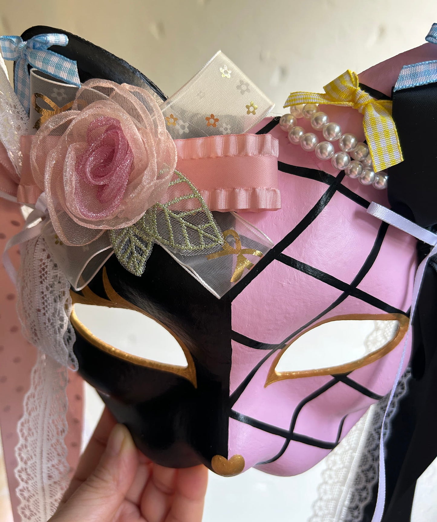 Original design handmade  Pink Check cat mask  kabuki 04