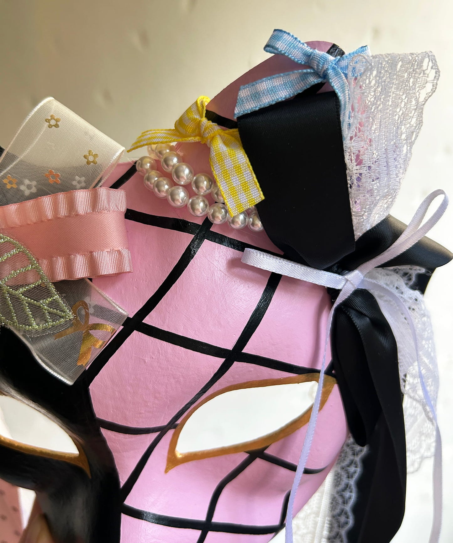 Original design handmade  Pink Check cat mask  kabuki 04