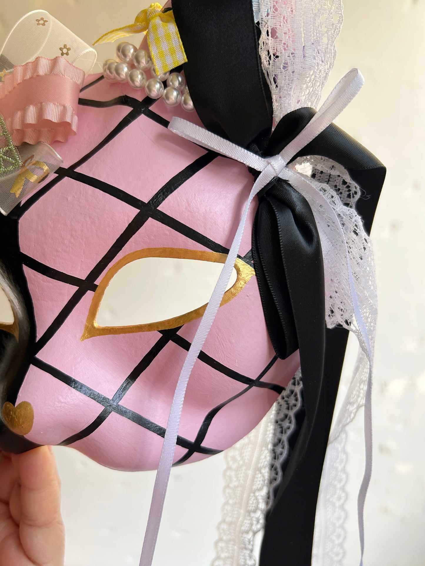 Original design handmade  Pink Check cat mask  kabuki 04