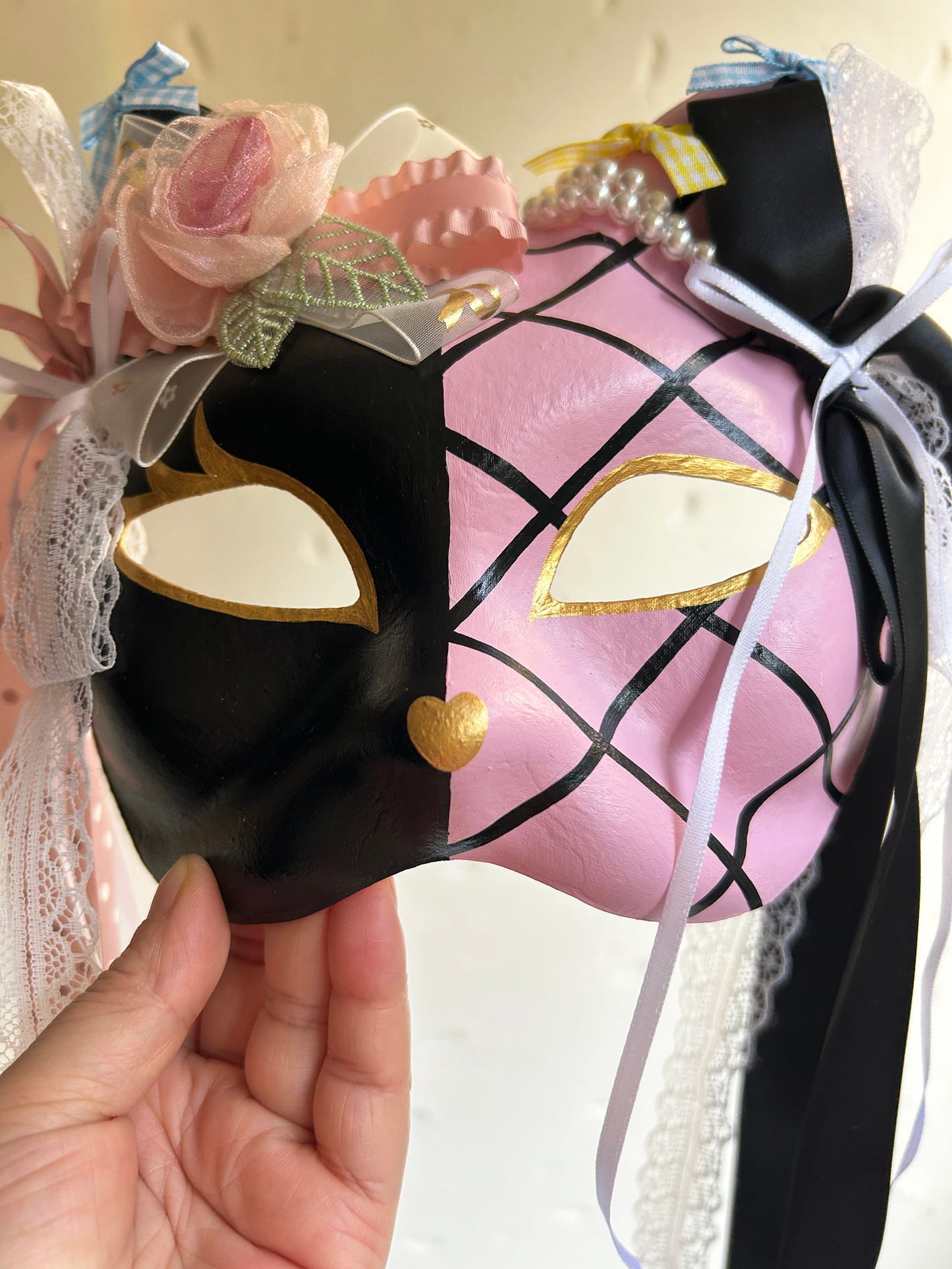 Original design handmade  Pink Check cat mask  kabuki 04